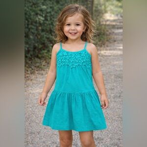 Boutique 100% Cotton Anthem of the Ants Turquoise Girls Dress Crochet Flowers 4T